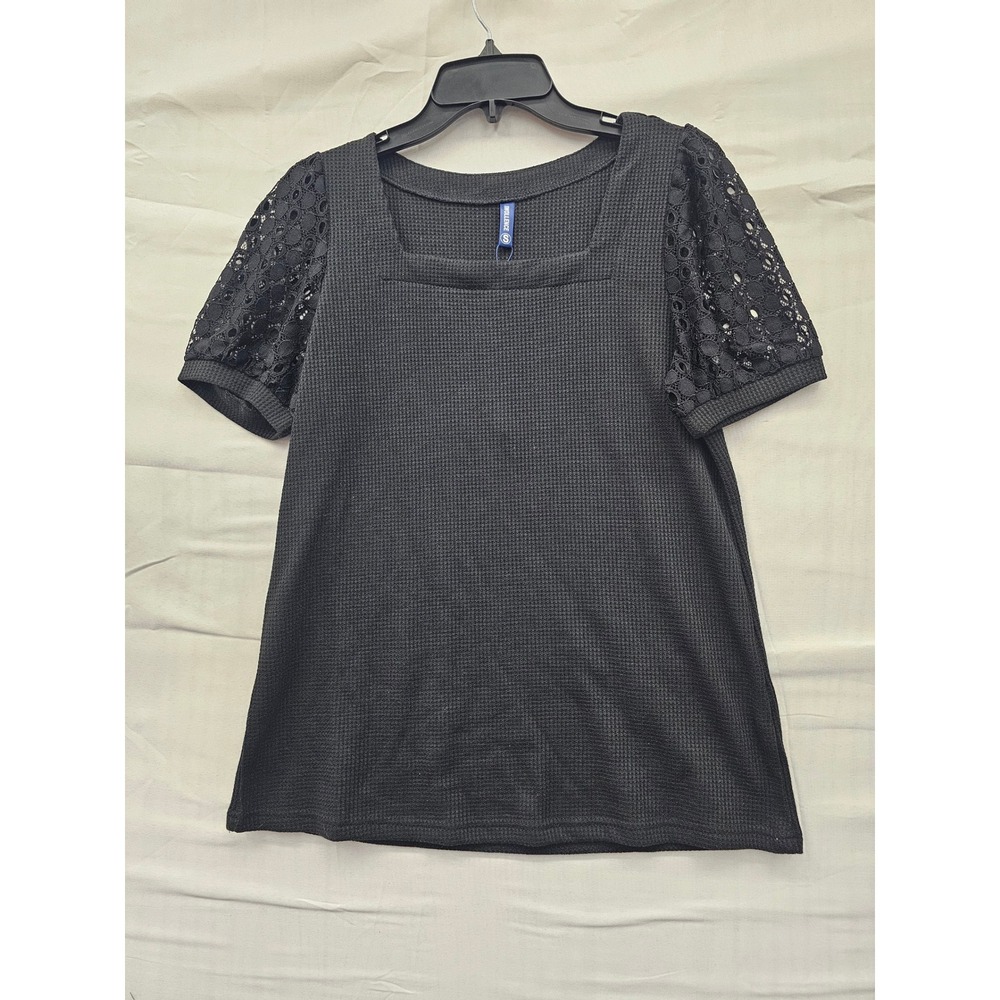 IWOLLENCE Womens Black Waffle Knit Top Square Neck Lace Puff‎ Short Sleeve Small